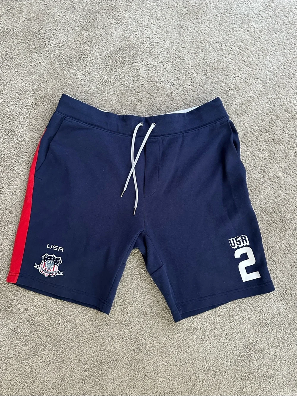 Polo Ralph Lauren Double-Knit Shield Logo Patch Athletic Shorts Mens L Blue USA